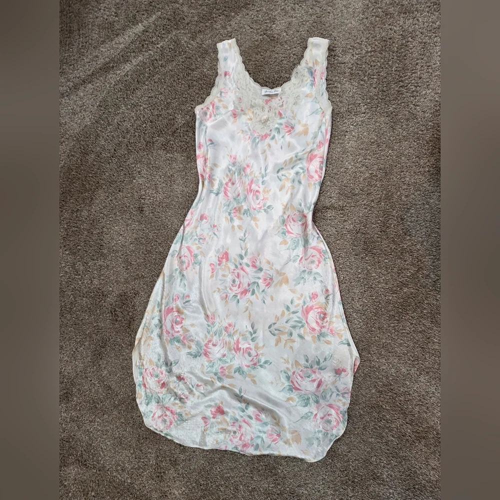 Vintage Christian Dior Satin Floral Nightgown Lace Trim L 70s/80s ILGWU - Picture 1 of 7